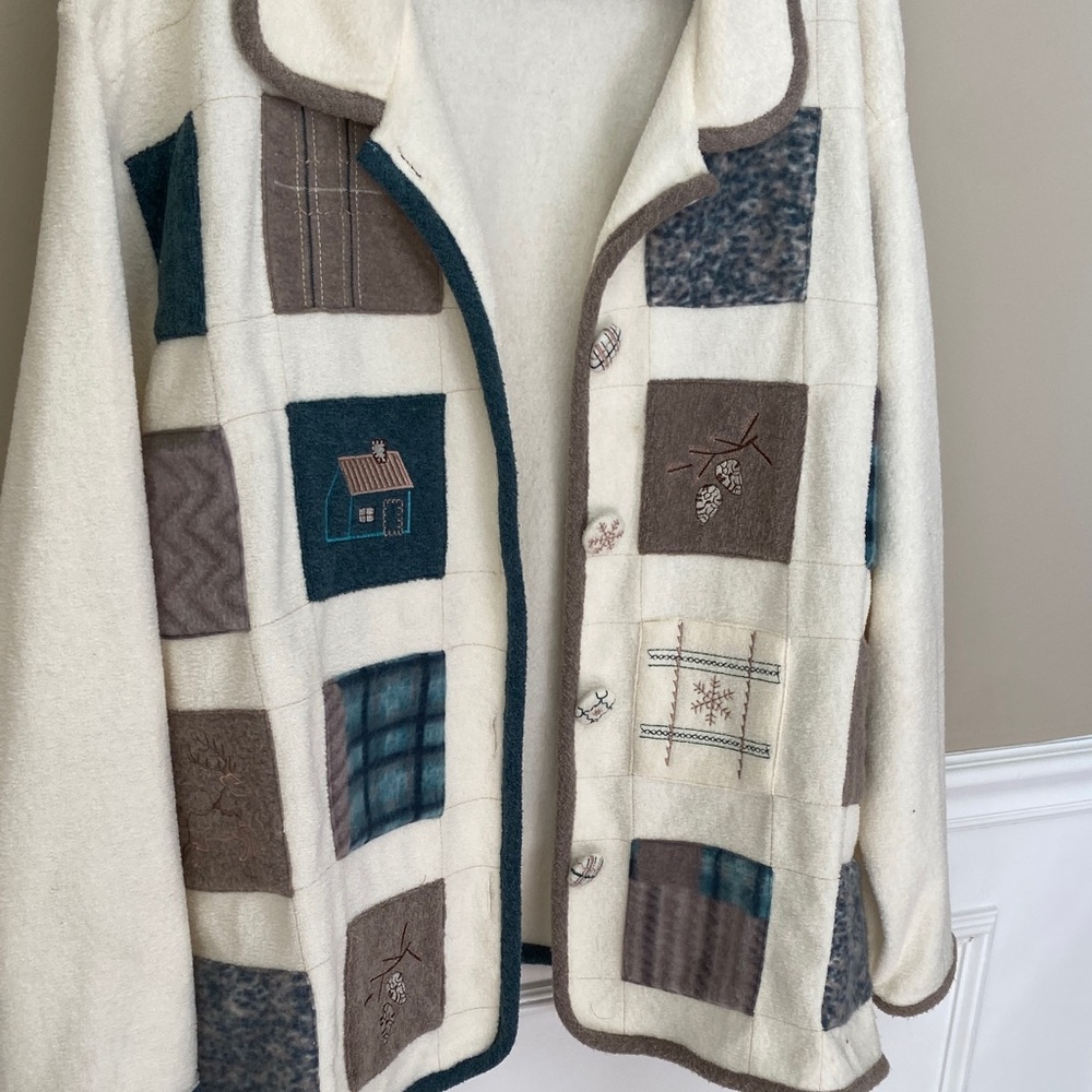 Vintage Teddi Women's Patchwork Teddy Jacket - Cream and Teal- 3X - Picture 2 of 8